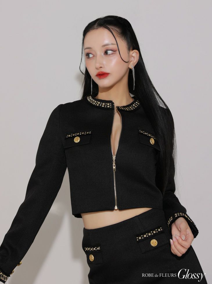 セクシー オープンバスト ジップデザイン 長袖 ツイード ジャケット セットアップ フレアミニドレス