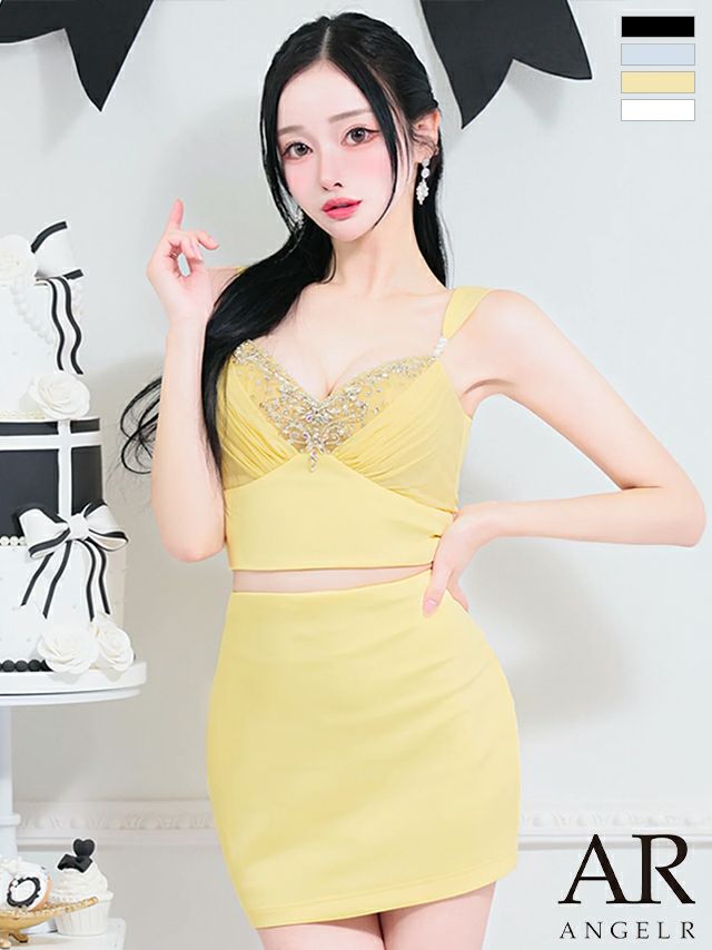 セクシー バストドレープ ノースリーブ シフォン ビジュー セットアップ タイトミニドレス