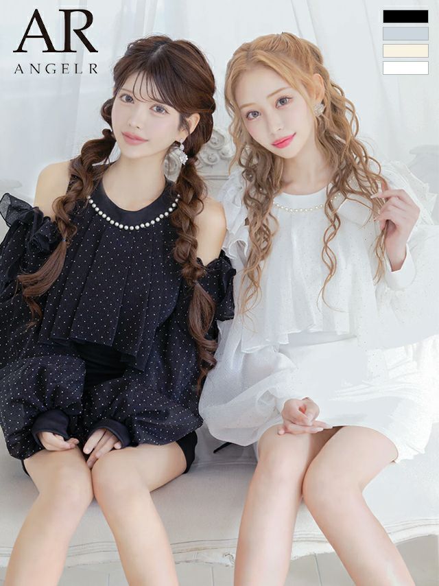 リボン ドット柄 肩あき 長袖 パフスリーブ ガーリー タイトミニドレス