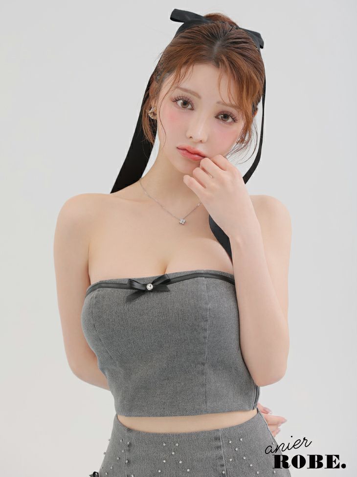 ベアトップ デニム レザーリボン ビジュー セットアップ ガーリー フレアミニドレス