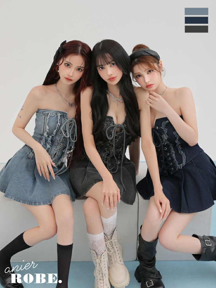 セクシー ベアトップ デニム レースアップ ベルト セットアップ フレアミニドレス
