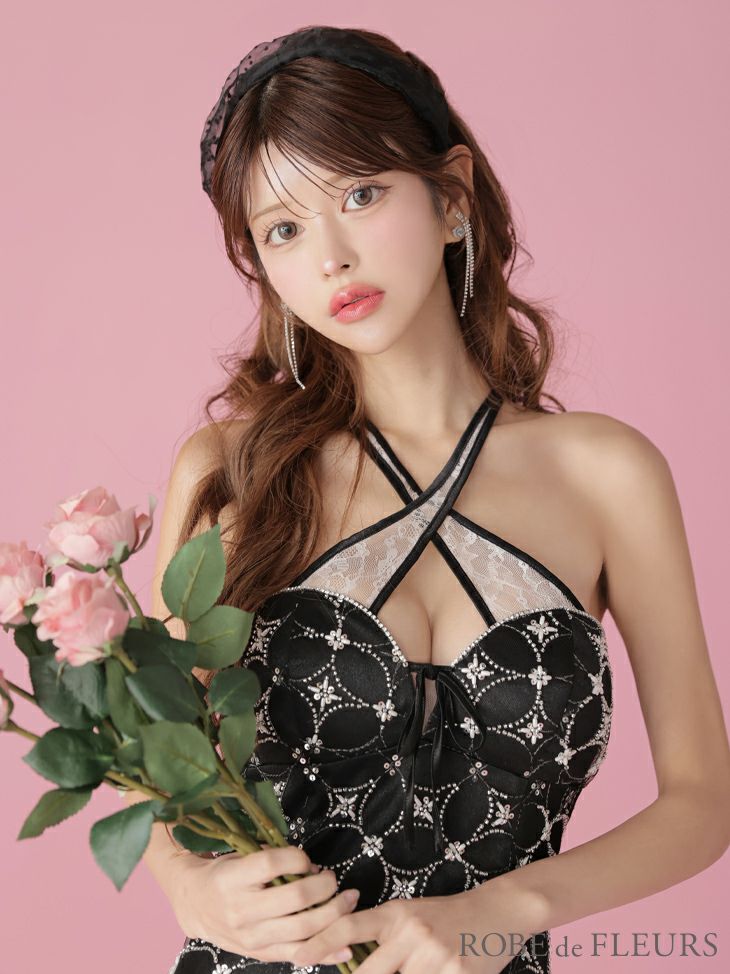 セクシー オープンバスト ホルターネック サテン ビーズ チュール リボン タイトミニドレス