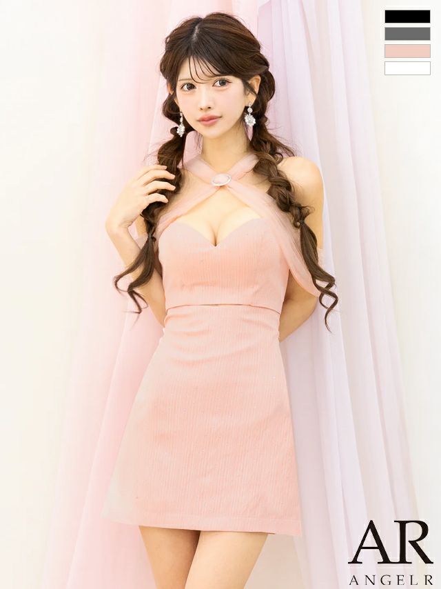 クロスネックデザイン 肩あき メッシュ ビジュー ドット柄 セットアップ ガーリー オープンバスト フレアミニドレス