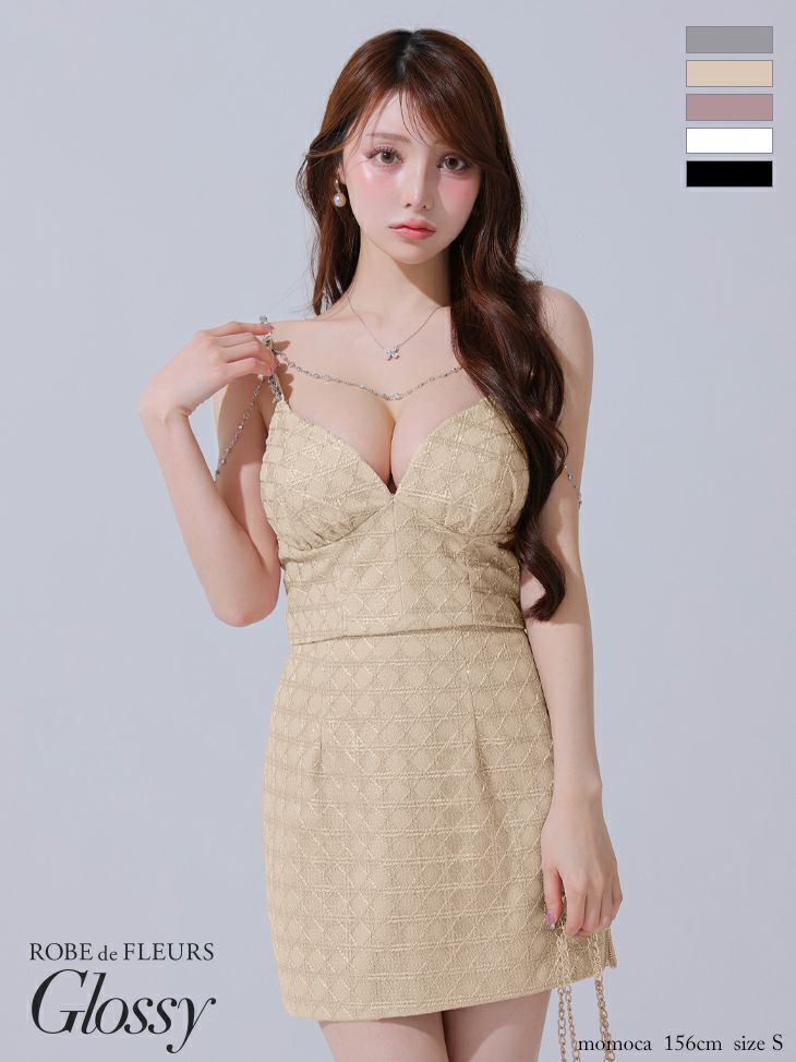 ラメツイル セクシー キャミソール ゴールドチェーン セットアップ タイトミニドレス