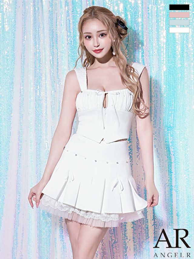 ガーリー ノースリーブ バストカット リボン チュール ビジュー プリーツ セットアップ フレアミニドレス