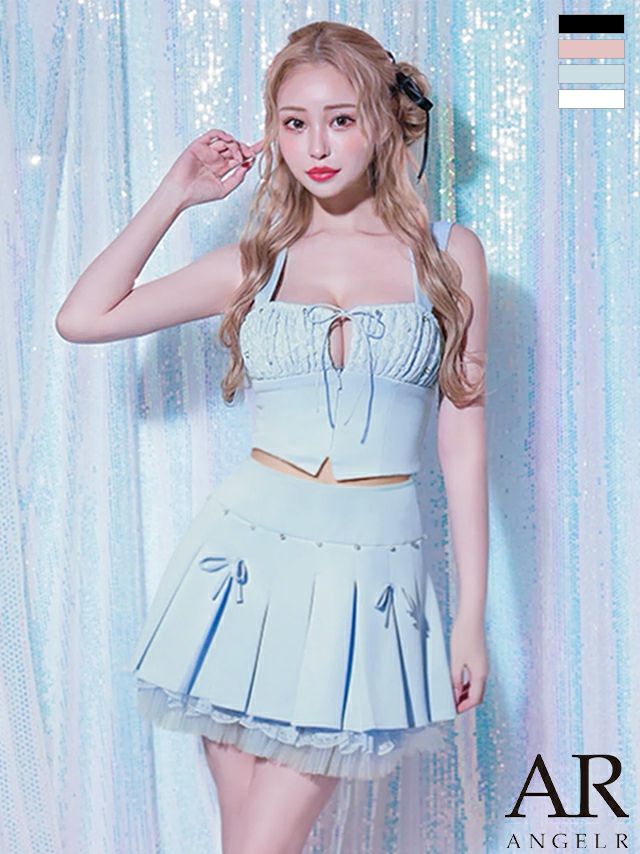 ガーリー ノースリーブ バストカット リボン チュール ビジュー プリーツ セットアップ フレアミニドレス