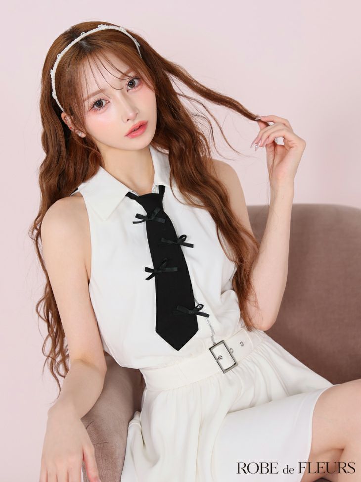 リボン ネクタイ ノースリーブ ジップデザイン 襟付き ウエストベルト ガーリー フレアミニドレス