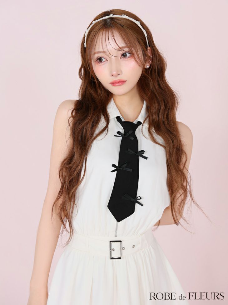 リボン ネクタイ ノースリーブ ジップデザイン 襟付き ウエストベルト ガーリー フレアミニドレス