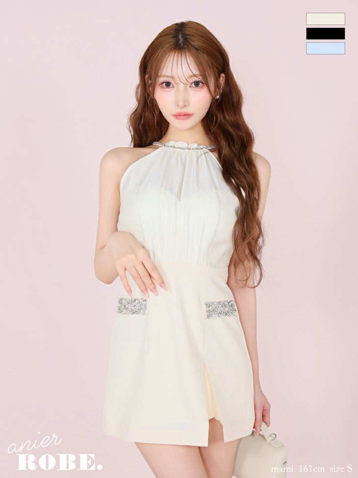 ビジュー シフォン バックオープン ホルターネック サテン タイトミニドレス