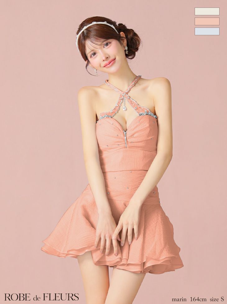 ホルターネック ジップデザイン ビジュー セットアップ シフォン ラメ フレアミニドレス