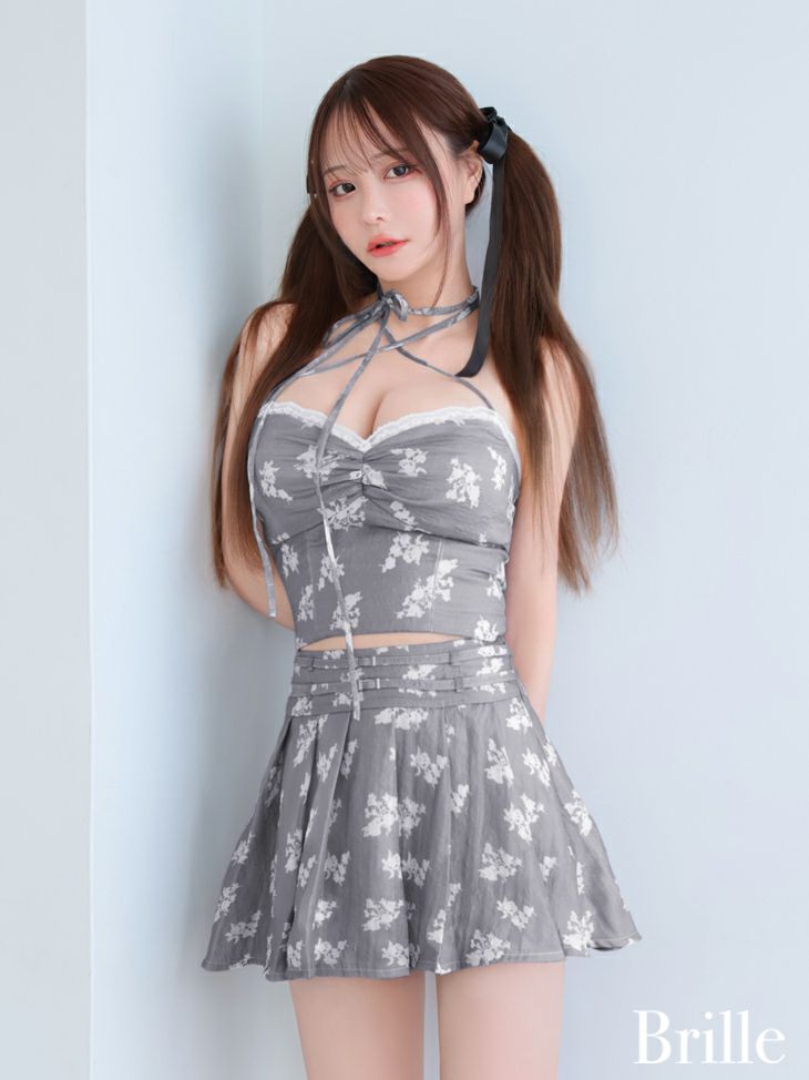 花柄 ハートカット ホルターネック セットアップ リボン プリーツスカート フレアミニドレス