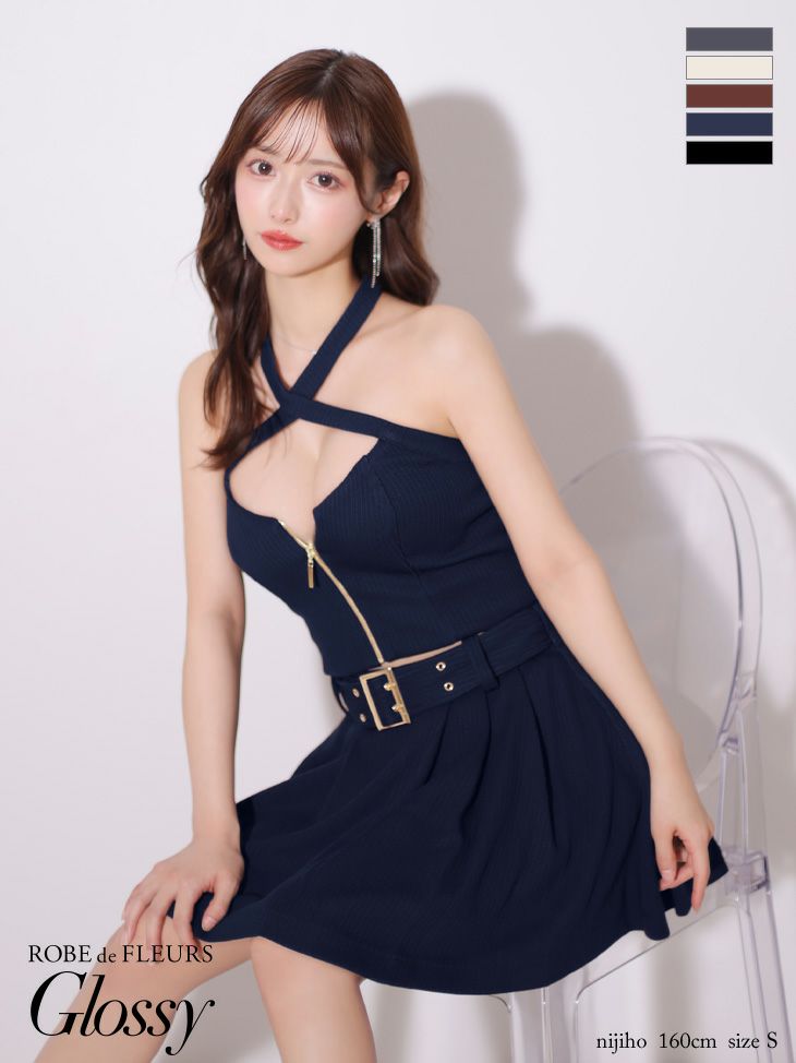 セットアップ プリーツ セクシー ジップデザイン ベルトデザイン オープンバスト ホルターネック フレアミニドレス