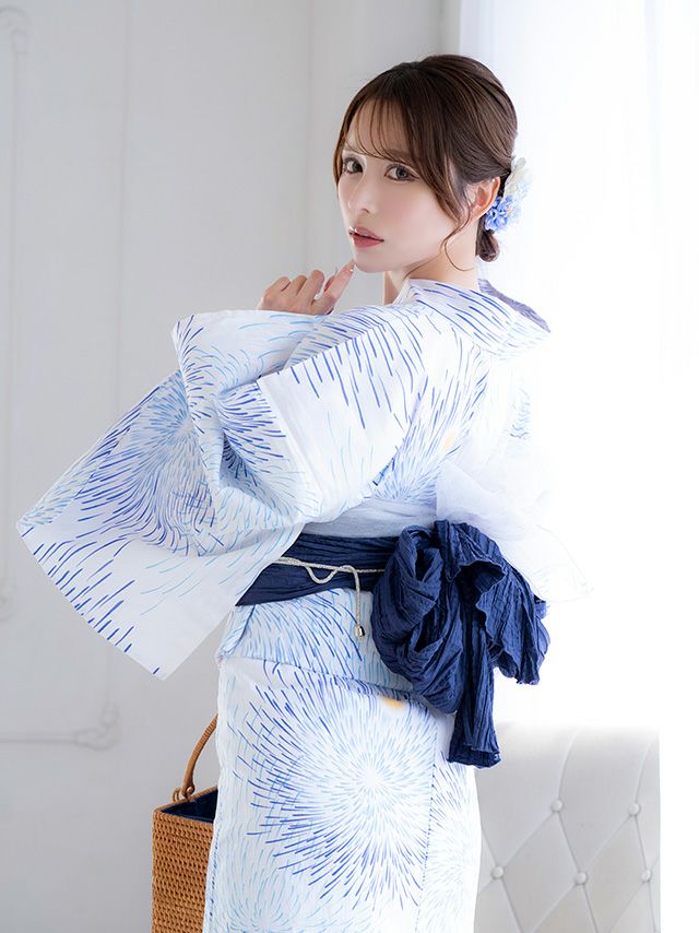 白地 ブルー 花火柄 ゆかた3点SET