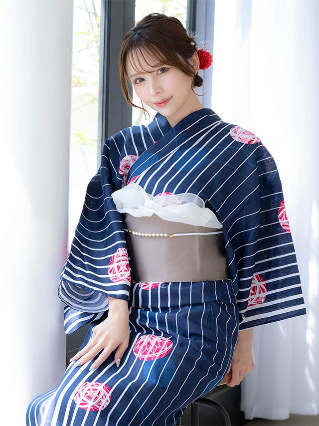 紺地 縦縞 手毬柄 ゆかた3点SET