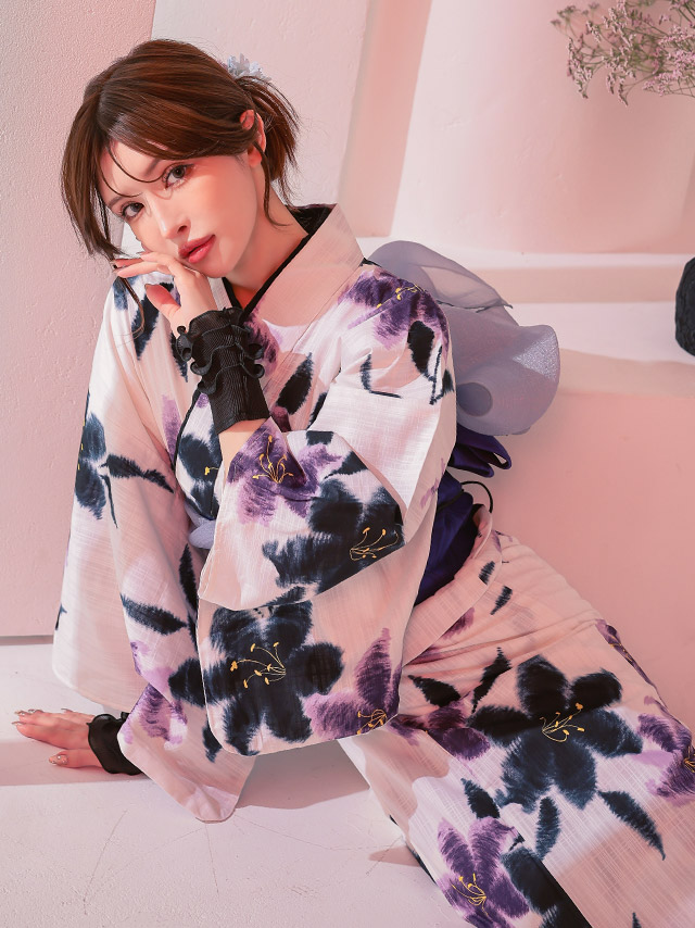 白地 百合 水彩 ゆかた3点SET