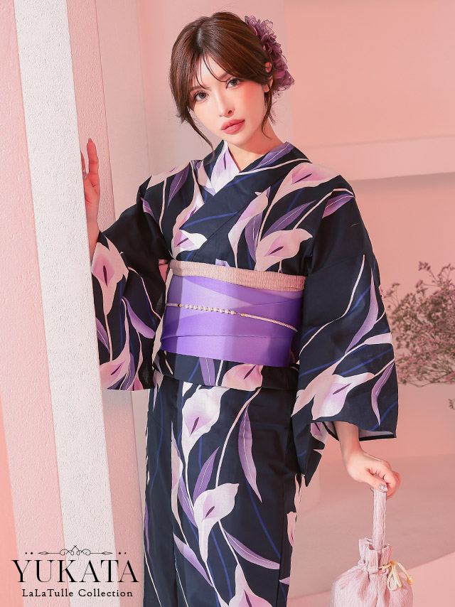 濃紺 菖蒲の花 パープル ゆかた3点SET