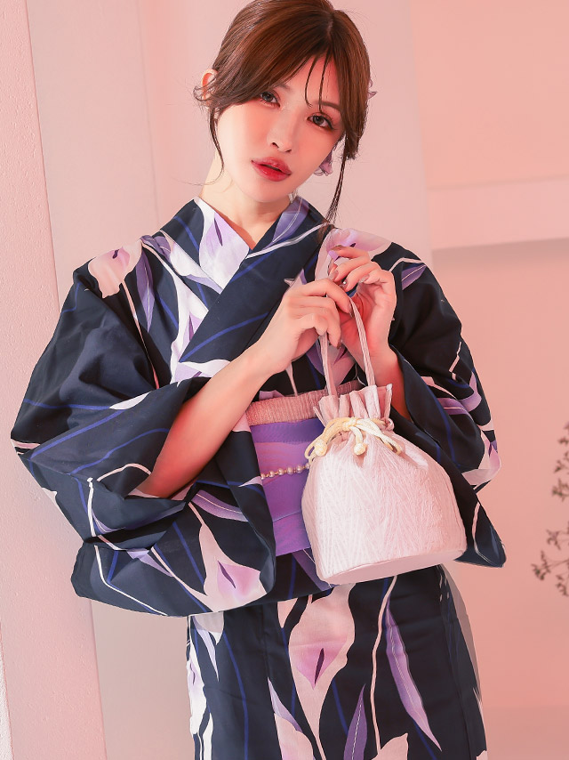 濃紺 菖蒲の花 パープル ゆかた3点SET
