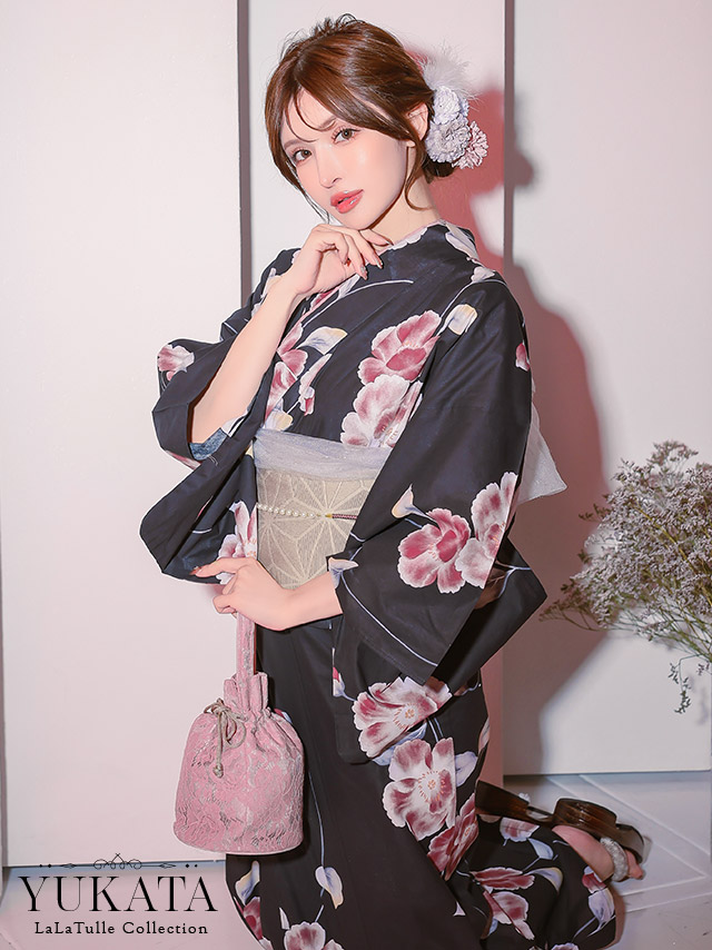 セパレート シャクナゲ 黒地 ピンク ガーリー ゆかた3点SET