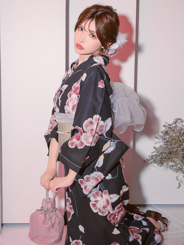 セパレート シャクナゲ 黒地 ピンク ガーリー ゆかた3点SET