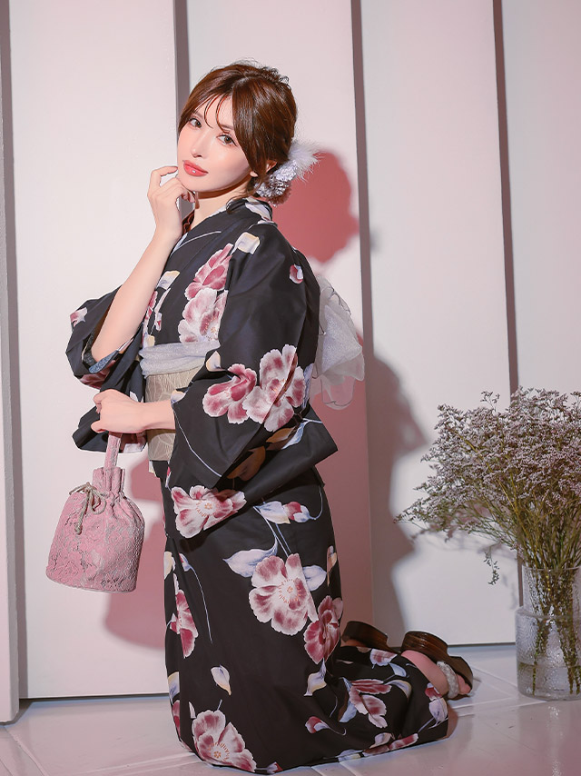 セパレート シャクナゲ 黒地 ピンク ガーリー ゆかた3点SET