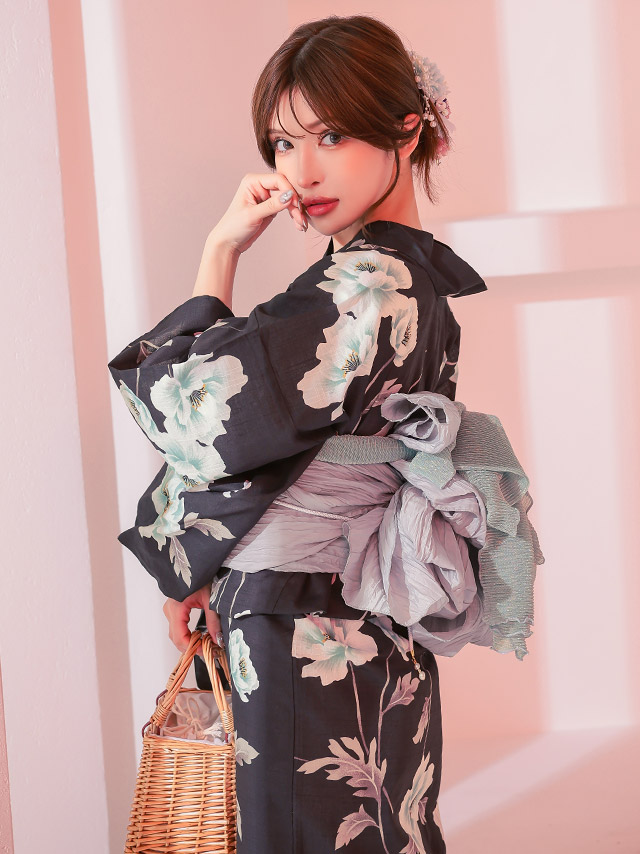 ダークグレー フラワー 妖艶 ゆかた2点SET