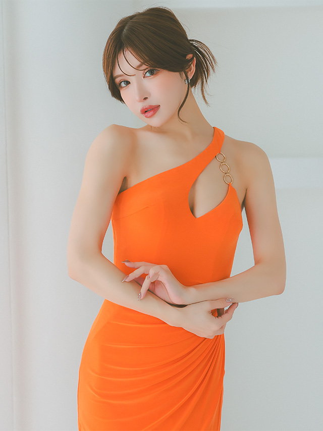 バストカット ワンショルダー サークルチェーン ウエストギャザー セクシー 膝丈ドレス