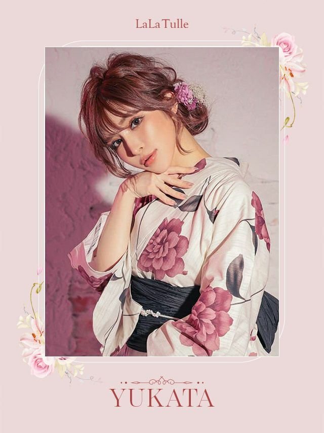妖艶 アイボリー×アンティークフラワー柄ゆかた3点SET