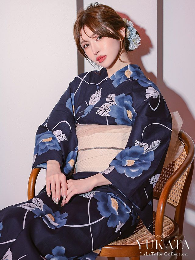 紺地 椿 妖艶 クリーム色 ゆかた2点SET