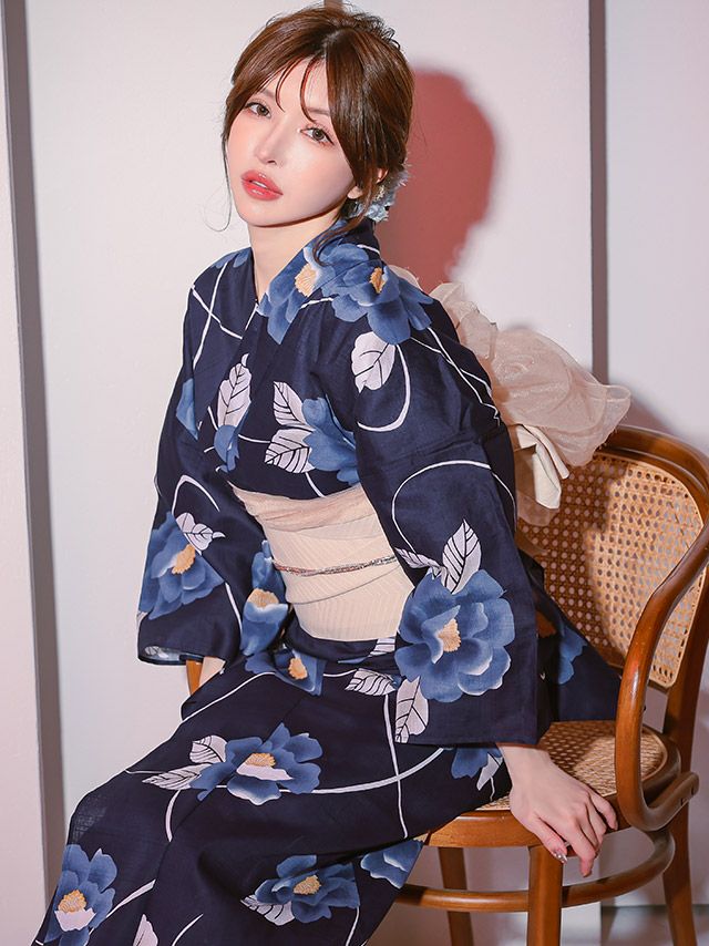 紺地 椿 妖艶 クリーム色 ゆかた2点SET