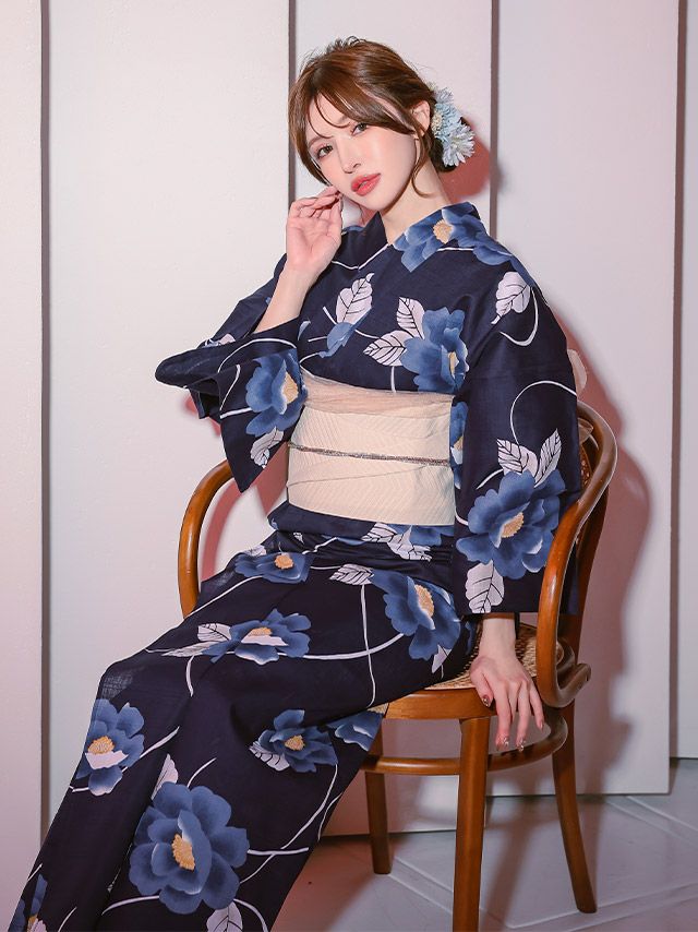 紺地 椿 妖艶 クリーム色 ゆかた2点SET