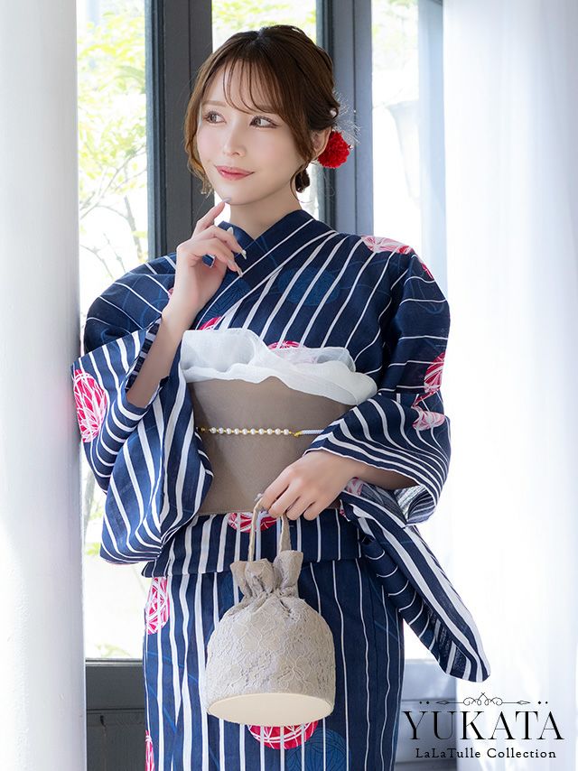 紺地 縦縞 手毬柄 ゆかた3点SET