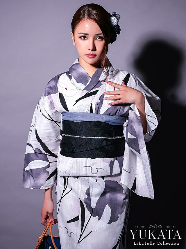 白地 水墨柄 モノトーン ゆかた3点SET