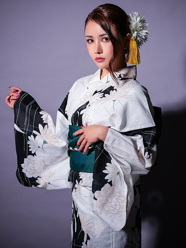 モノトーン 牡丹柄 個性的 ゆかた3点SET