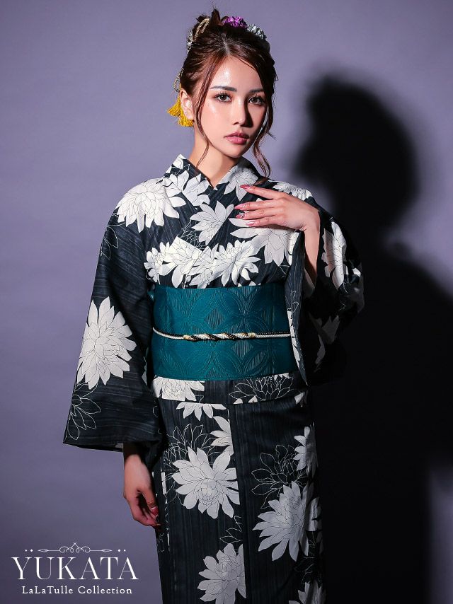 セパレート 黒地 粋 白 ダリア ゆかた3点SET
