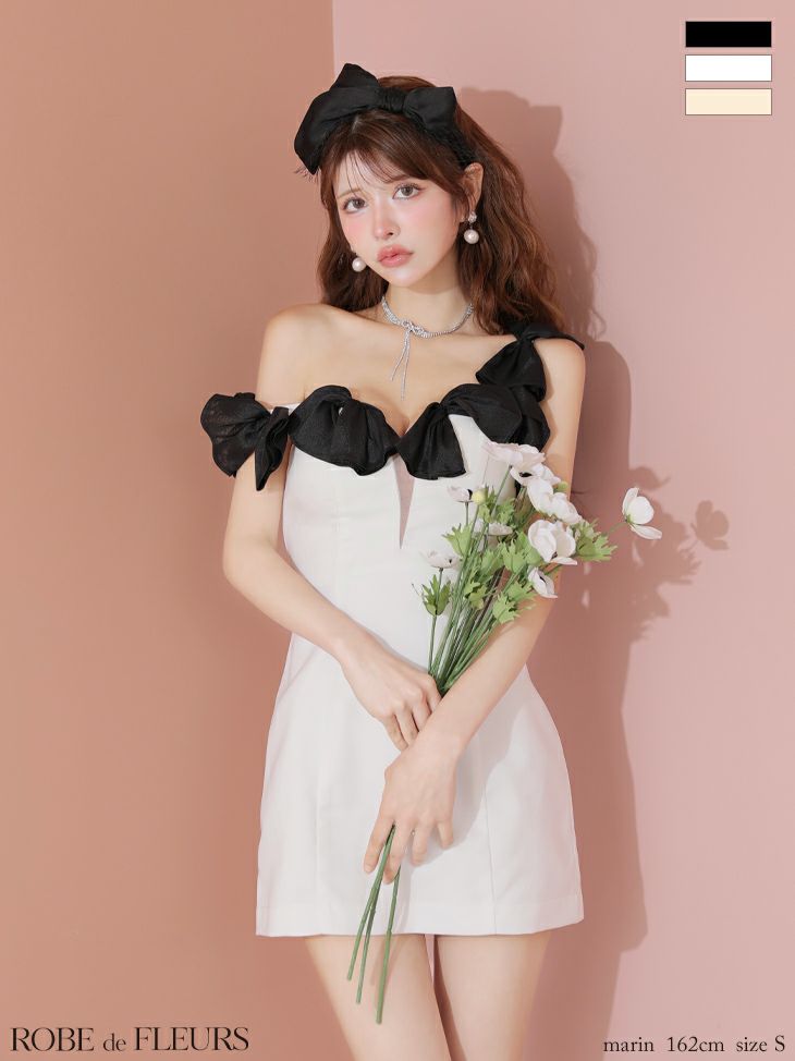 ワンショルダー リボンショルダー ガーリー シフォン タイトミニドレス