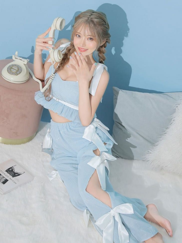 セットアップ シフォン リボン ラメ キャミソール ロングパンツ ラブリー ルームウェア 2点セット