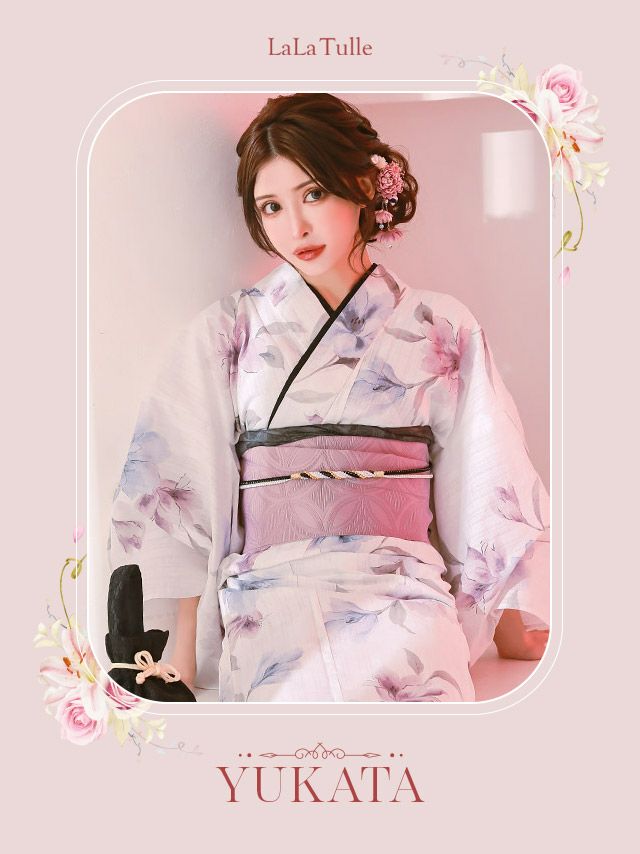 水彩フラワー 白地 妖艶 ゆかた3点SET