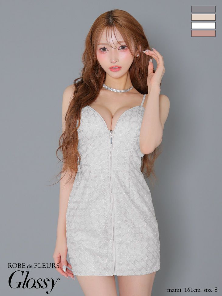 シンプル キャミソール ジップデザイン ラメ バックカット タイトミニドレス