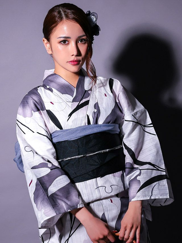 白地 水墨柄 モノトーン ゆかた3点SET