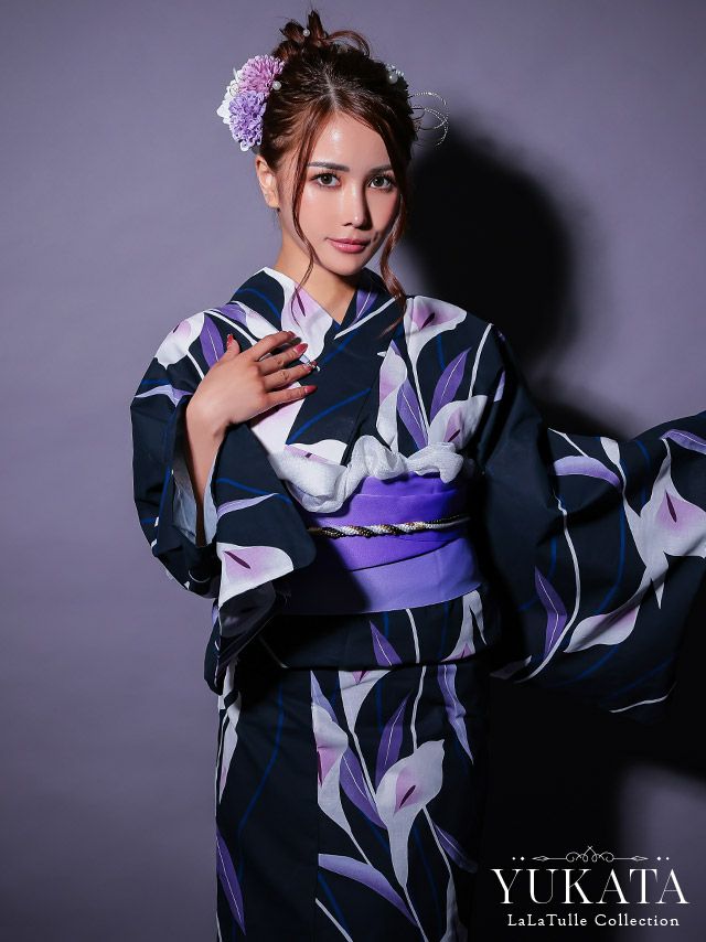 濃紺 菖蒲の花 パープル ゆかた3点SET