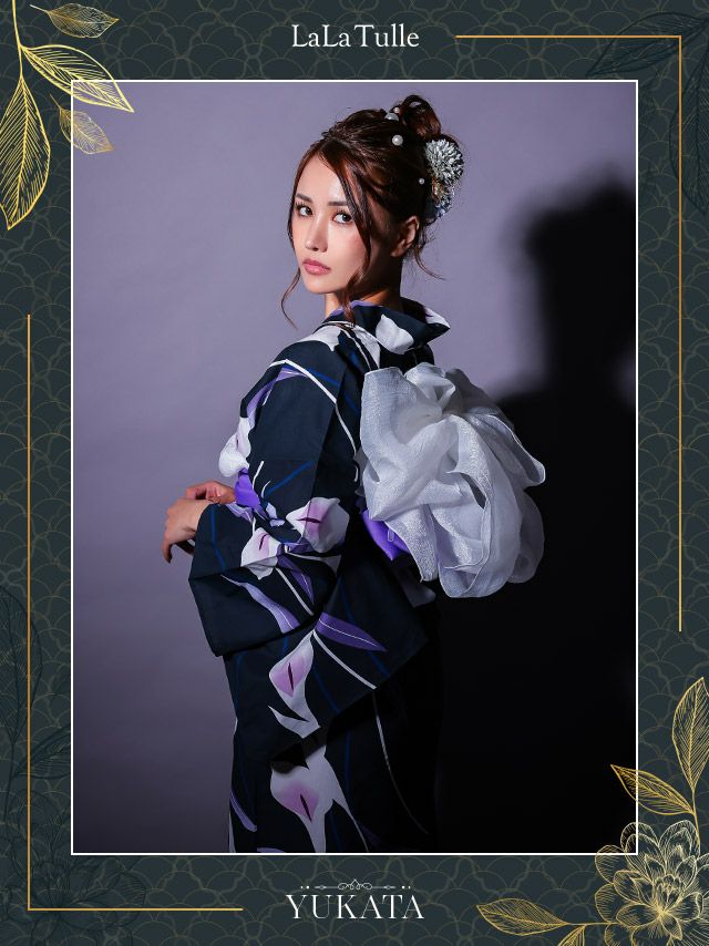 濃紺 菖蒲の花 パープル ゆかた3点SET