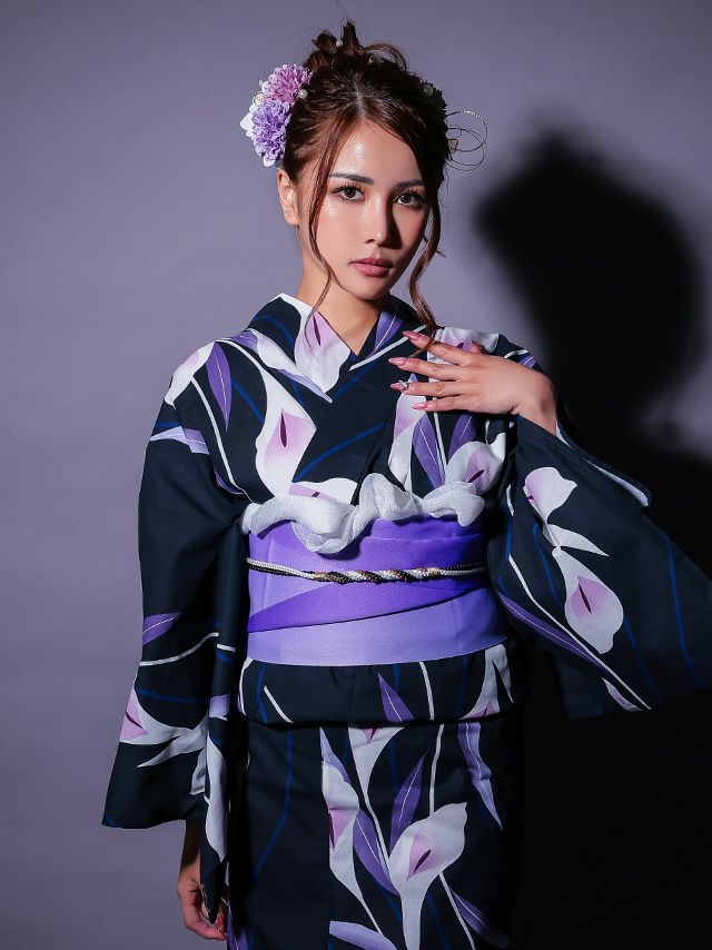 濃紺 菖蒲の花 パープル ゆかた3点SET