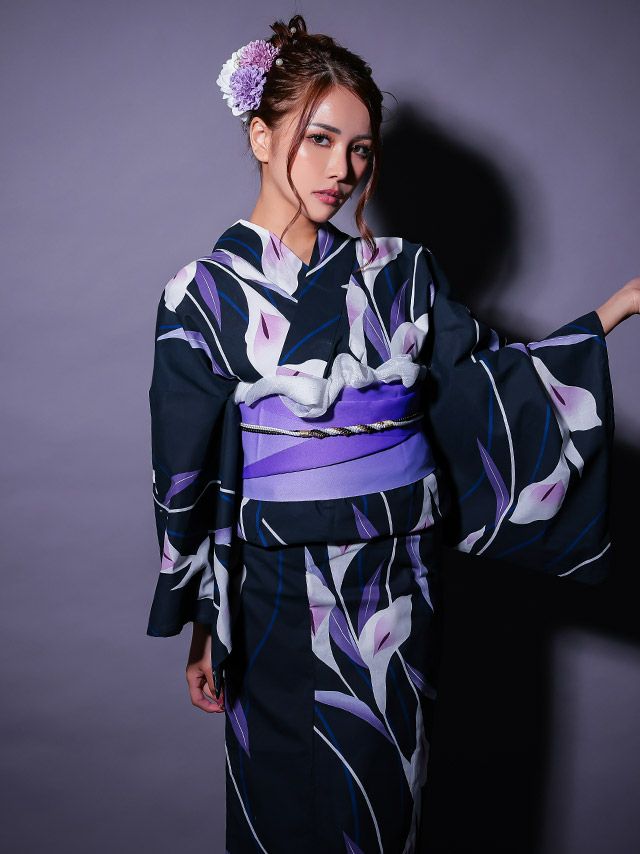 濃紺 菖蒲の花 パープル ゆかた3点SET