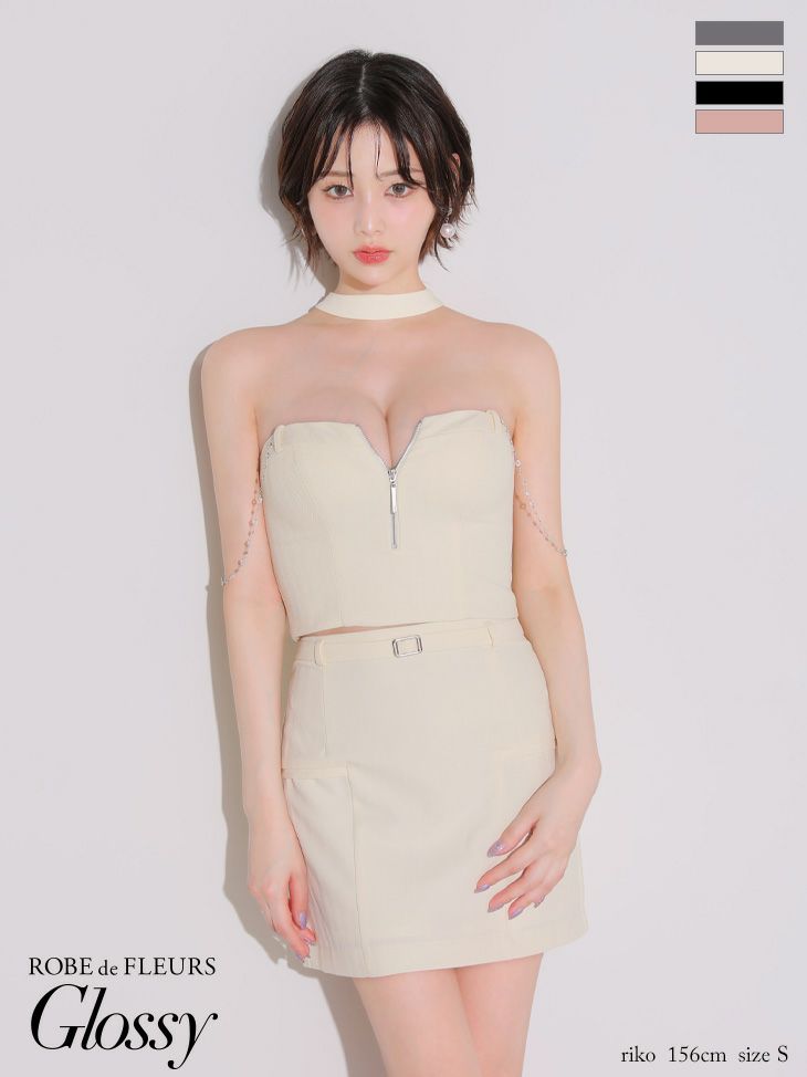 チョーカー風 ジップデザイン セットアップ チェーン セクシー タイトミニドレス
