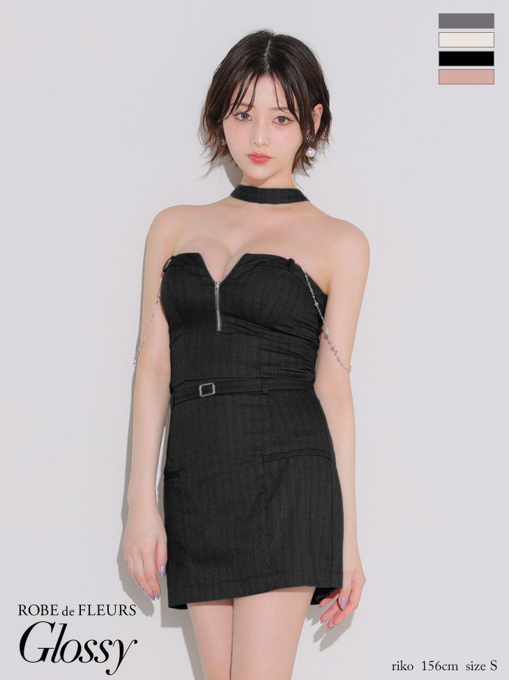 チョーカー風 ジップデザイン セットアップ チェーン セクシー タイトミニドレス