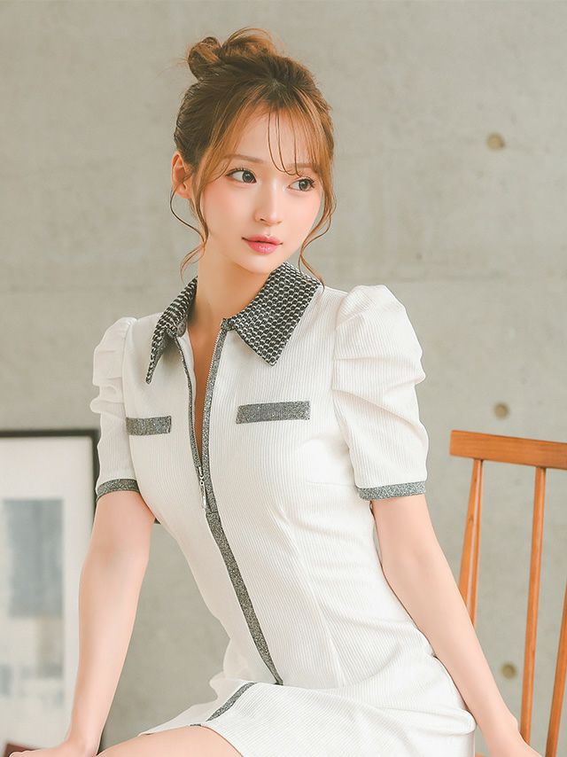 襟付き ラメニット 半袖 セクシー パイピング ジップデザイン オープンバスト タイトミニドレス