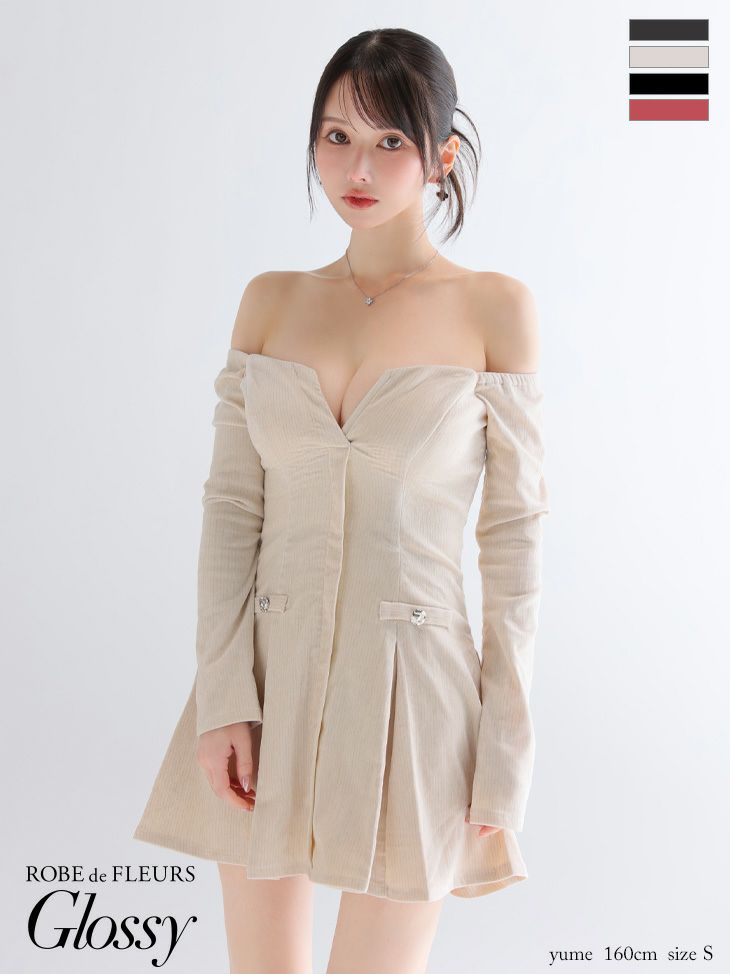 セクシー オフショルダー 長袖 バストカット ラメニット プリーツスカート フレアミニドレス