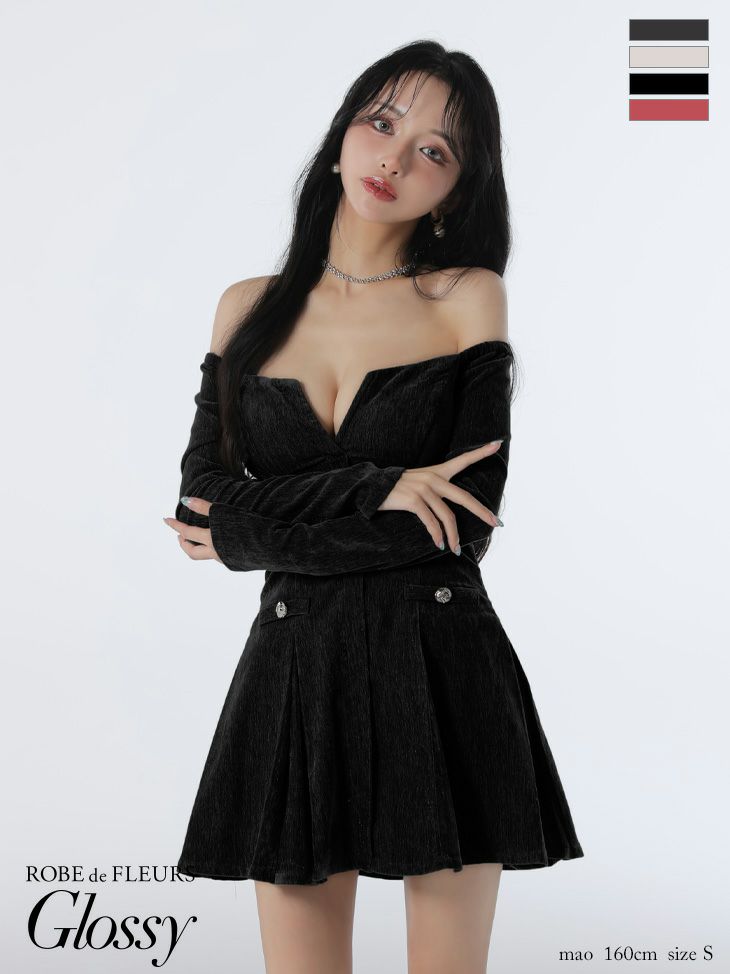 セクシー オフショルダー 長袖 バストカット ラメニット プリーツスカート フレアミニドレス
