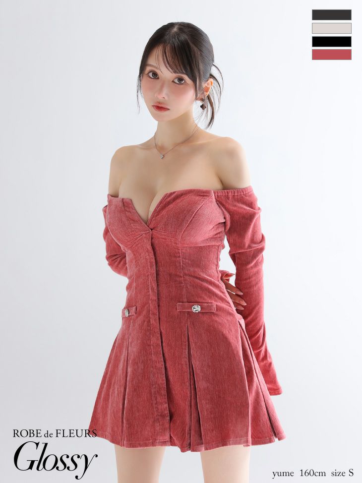 セクシー オフショルダー 長袖 バストカット ラメニット プリーツスカート フレアミニドレス