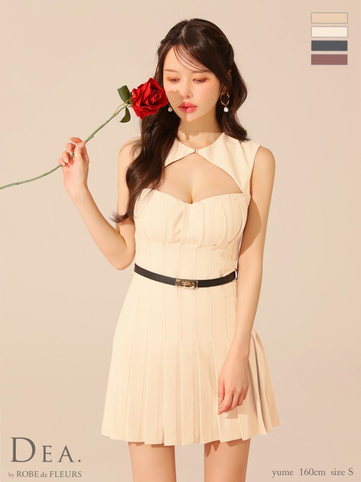 ウエストベルト バストカット ワンカラー ノースリーブ プリーツスカート フレアミニドレス